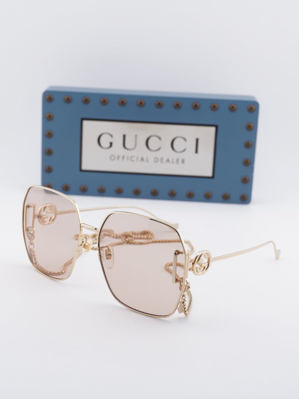 Gucci GG1207SA 001 Geometric Sunglasses - Gold with Gold Chain/Light Brown